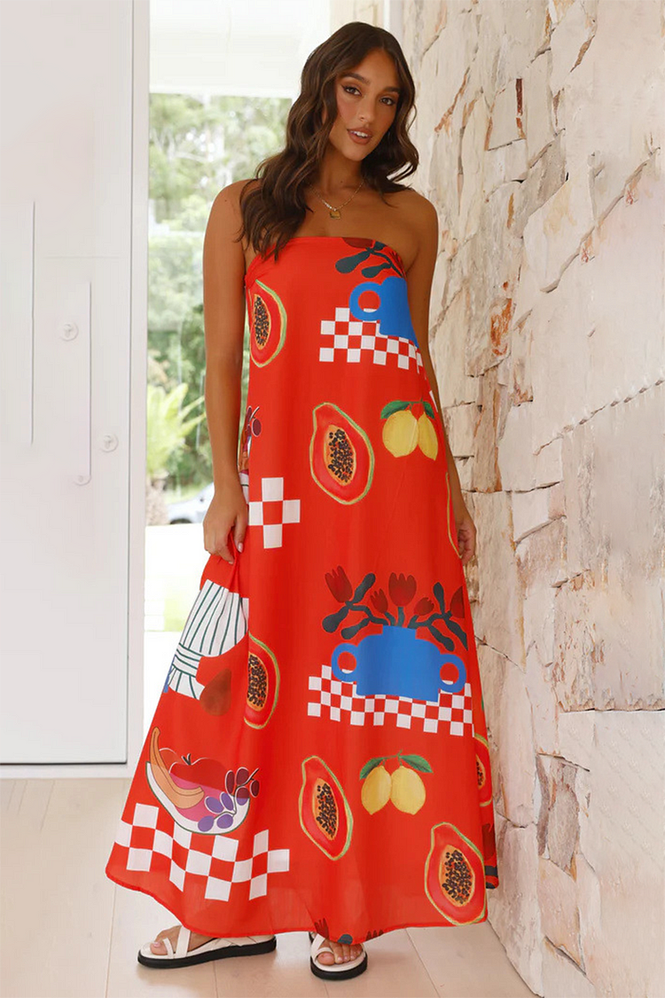 Fruits Print Boat Neck Loose Fit A-Line Maxi Tube Dresses-Red