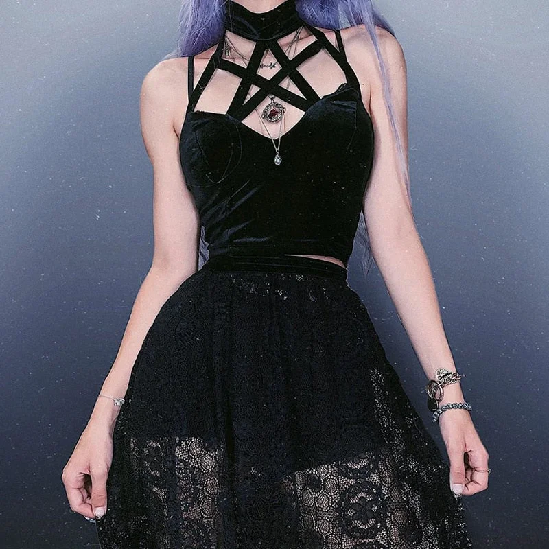 Sonicelife Halloween Aesthetic Gothic Pentagram Cropped Top Vintage Camisles Grunge Tank Tops Harajuku Backless Halter Fall  Black