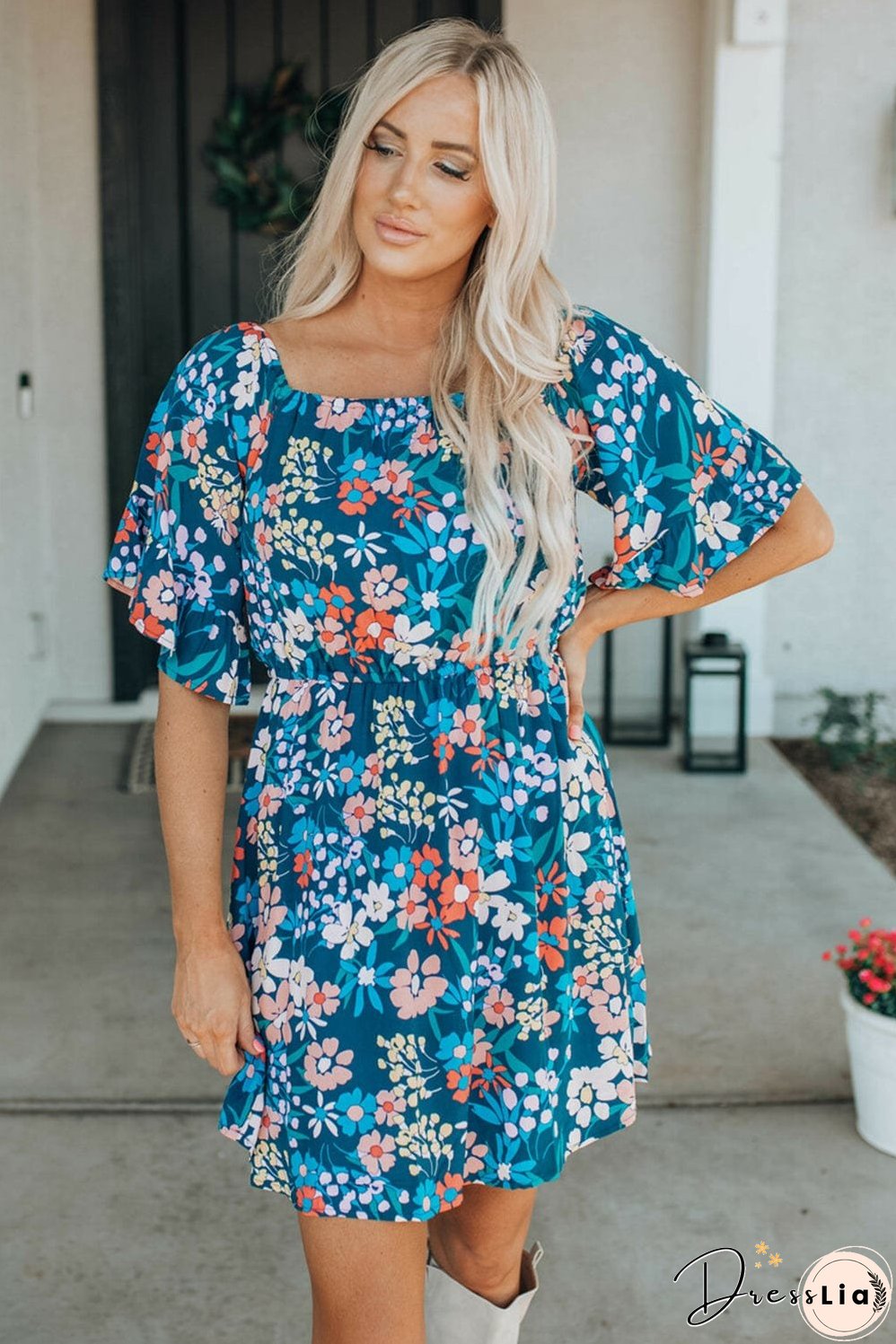 Blue Floral Ruffle Mini Dress with Square Neck