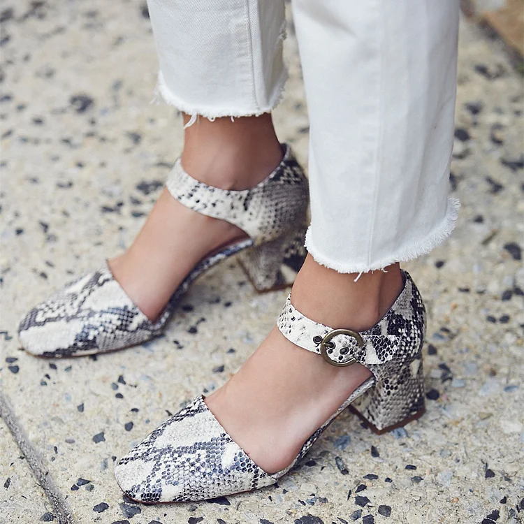 Grey Python Vintage Heels Square Toe Block Heel Closed Toe Sandals |FSJ Shoes