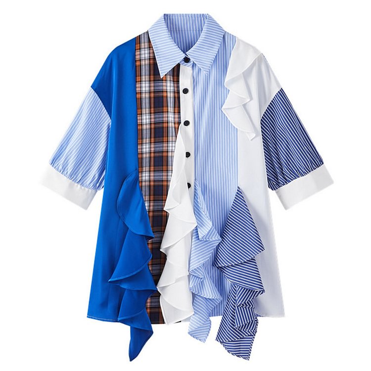 Pre-Order Chic Colorblock Stripe Plaid Flouncing T-Shirt - Modakawa modakawa