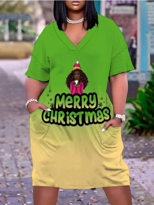 Digital Print V-Neck Casual Pocket Dress