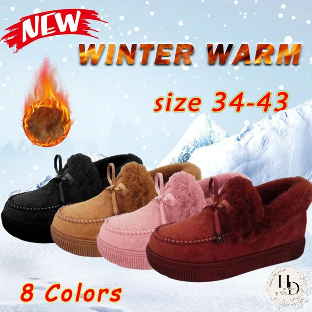Women Casual Comfy Flat Leopard Print Shoes Indoor Outdoor Plush Shoes Winter Warm Non-slip Snow Boots Faux Fur Slippers Plus Size 34-43