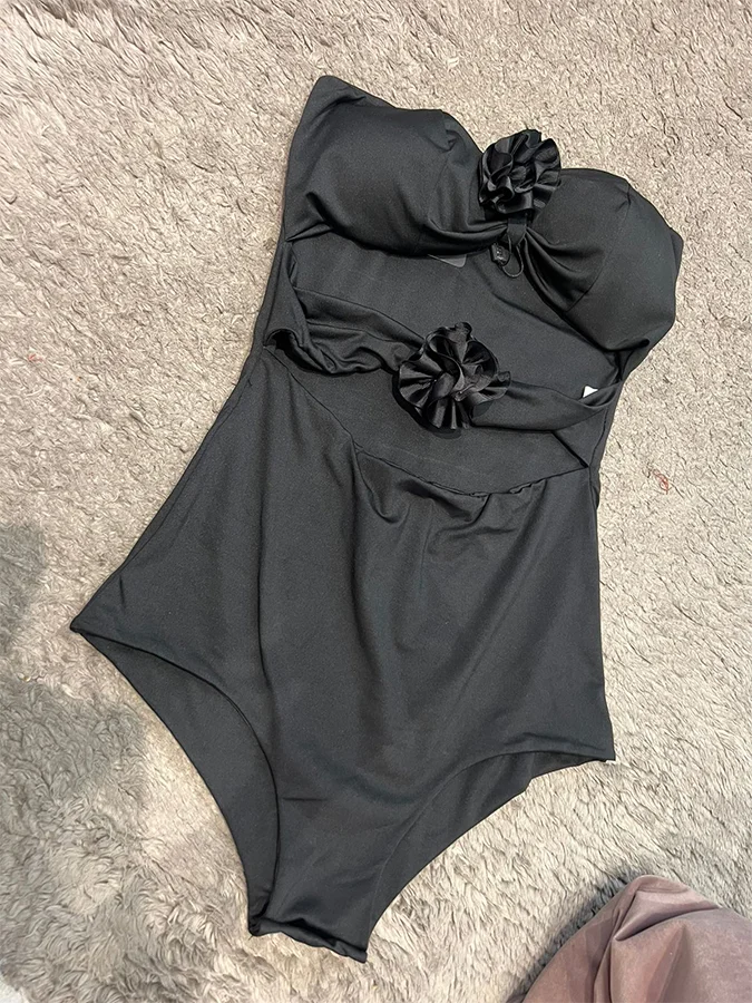 Black 3D Flower One Piece Swimsuit and Skirt