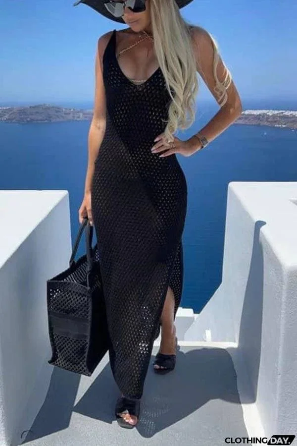 Free Spirited Hollow Out Knit Slit Cover-up Dress