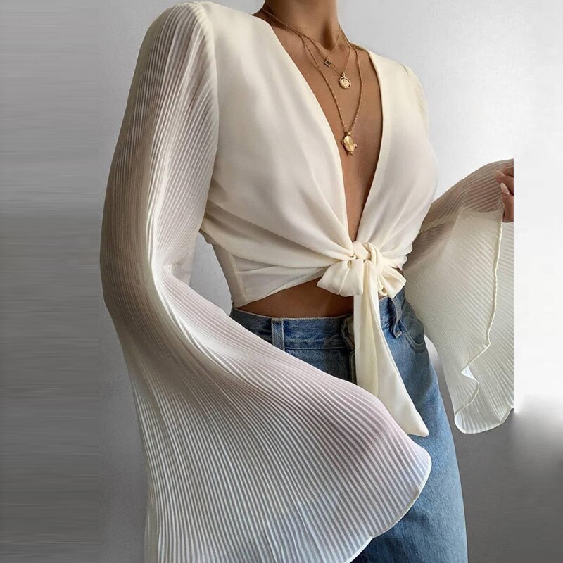 2XL Women Sexy Deep V Neck Tie-up Blouse 2021 Spring Flare Long Sleeve Rib Shirts Summer Solid Hollow Out Party Tops Blusa Mujer