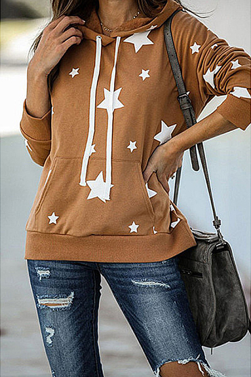 Casual The stars Draw String Pocket Hooded Collar Tops