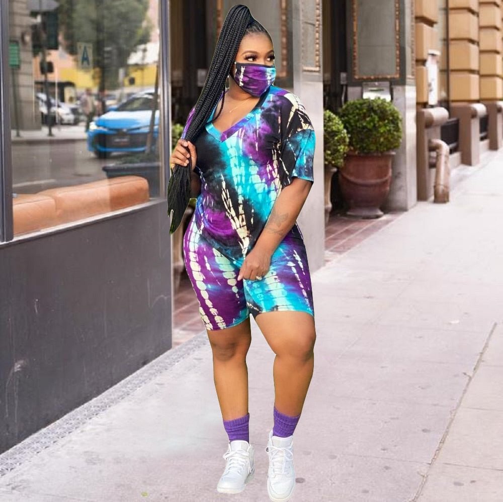Tie Dye Sport Suits Sets Women 2Pieces Plus Size Tracksuit Fashion Short Sleeve T-Shirt+Biker Shorts Female Active Wear XL-4XL