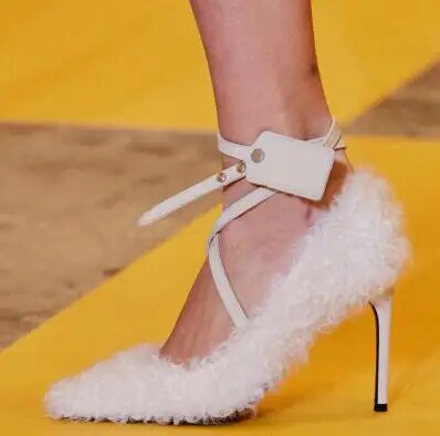VCSHOES Woman Blue Red White Green Pink Fur Cross Shallow Pumps Pointed Toe Button Nail 10 Cm Thin Heels Party Pumps Shoes