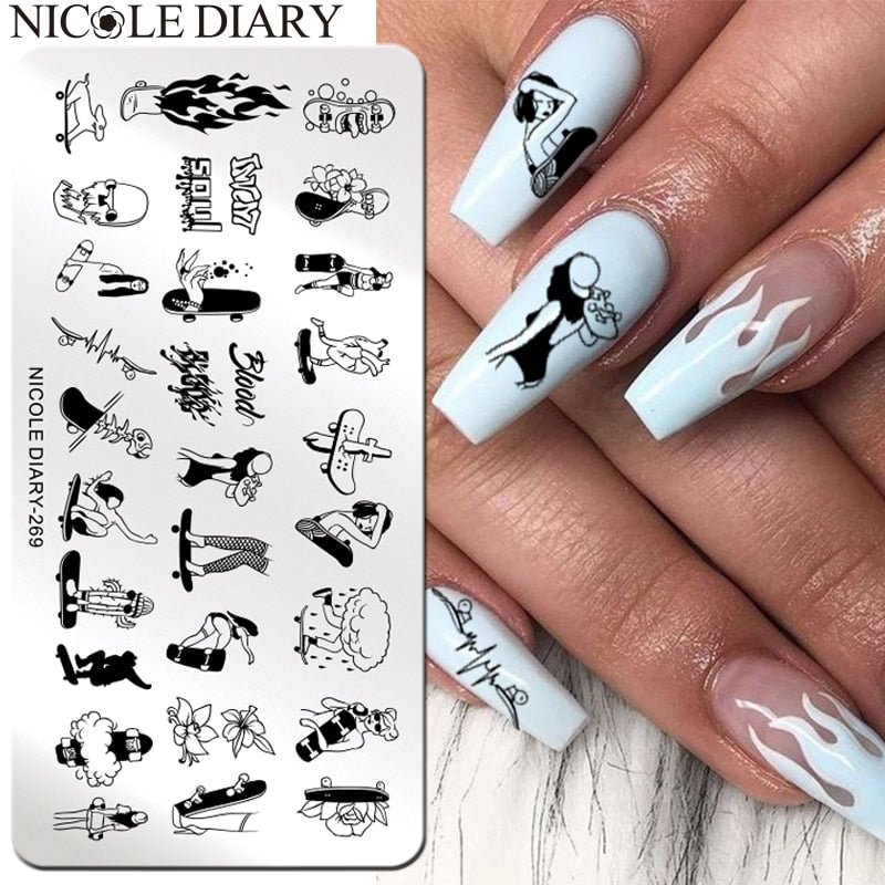 NICOLE DIARY Surfing Cool Girls Nail Art Stamping Plates Fire Design Stamp Stamping for Nails Geometry Flower Nail Templates
