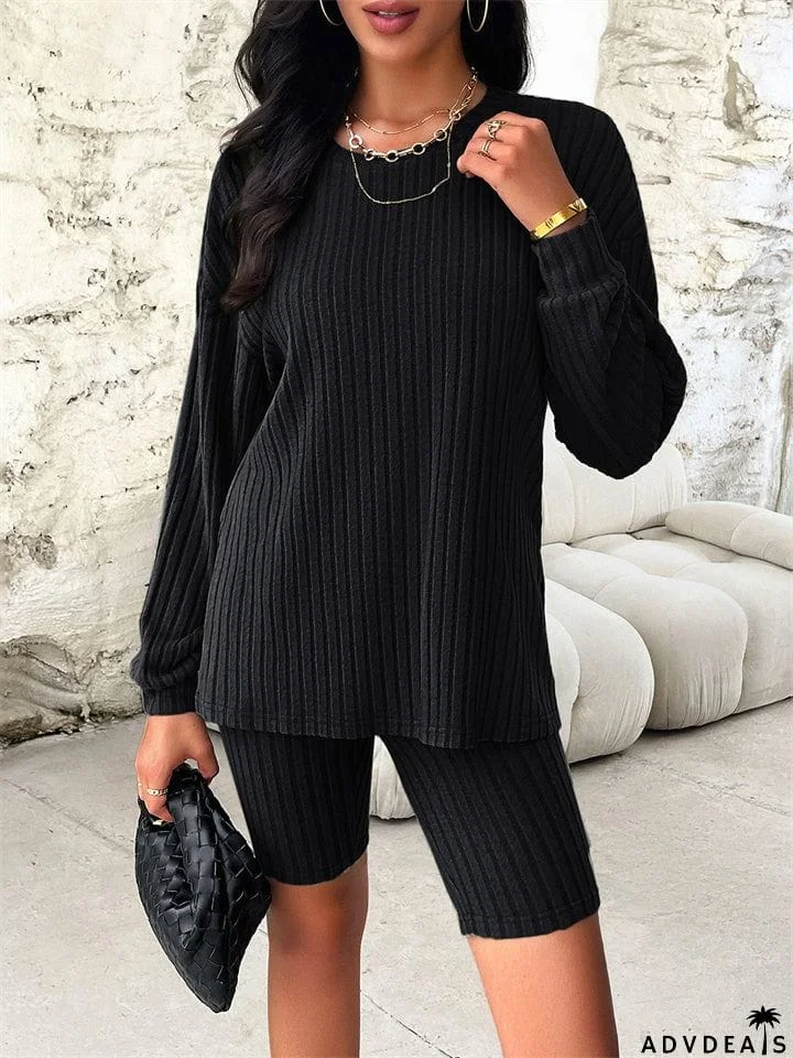 Female Pure Color Leisure Knitted Sweater + Shorts Two-piece Set