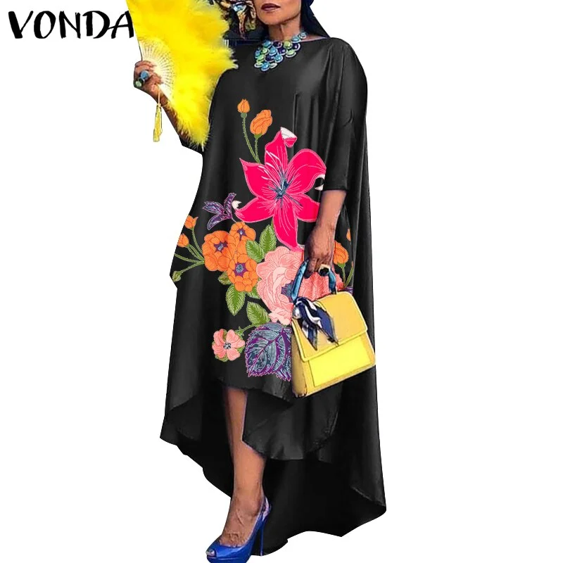 Vintage Floral Printed O Neck Dress 2022 Summer Spring Asymmetric Hem Pleated Vestidos VONDA Casual 3/4 Sleeve Beach Sundress