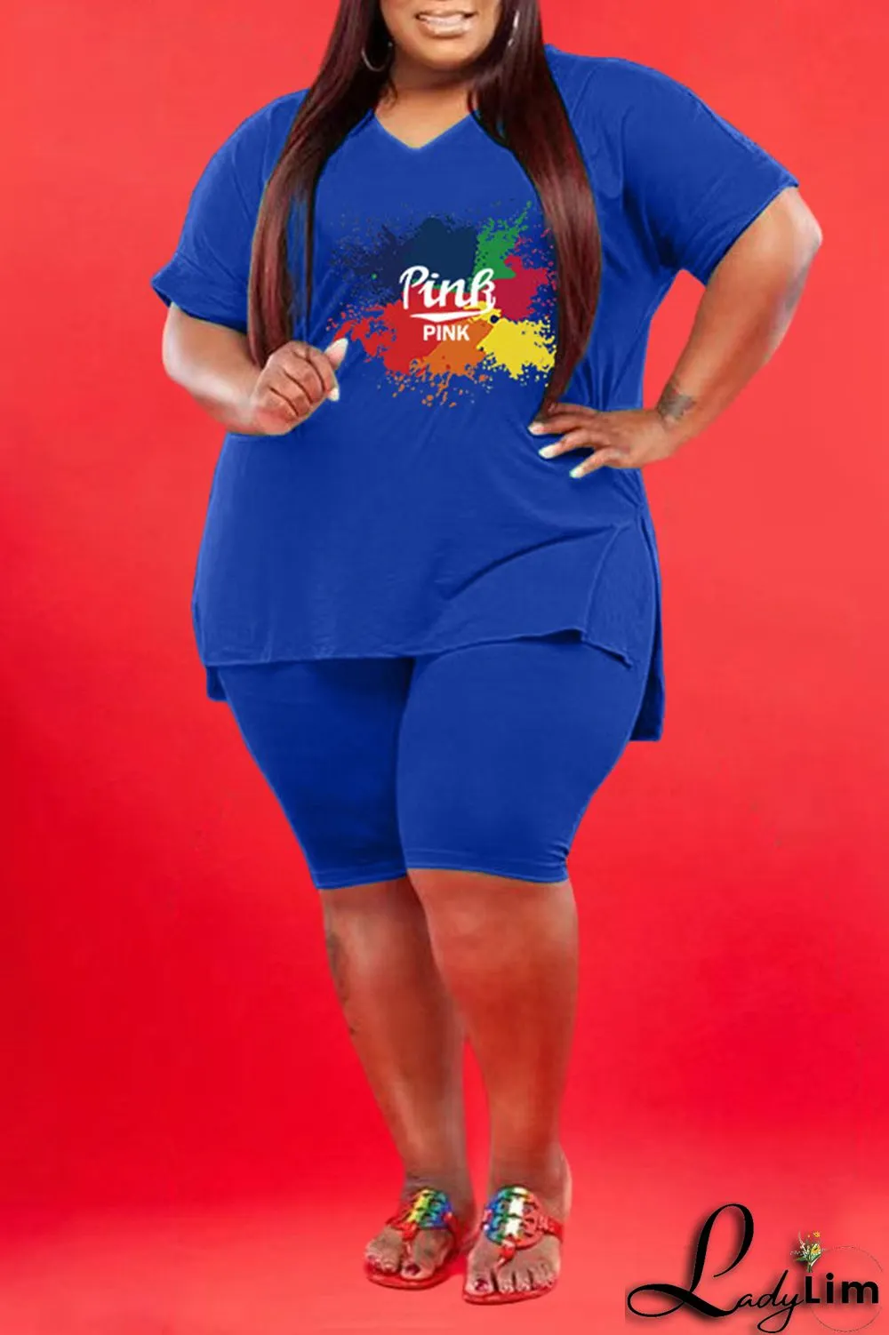 Red Casual Print V Neck Plus Size Two Pieces