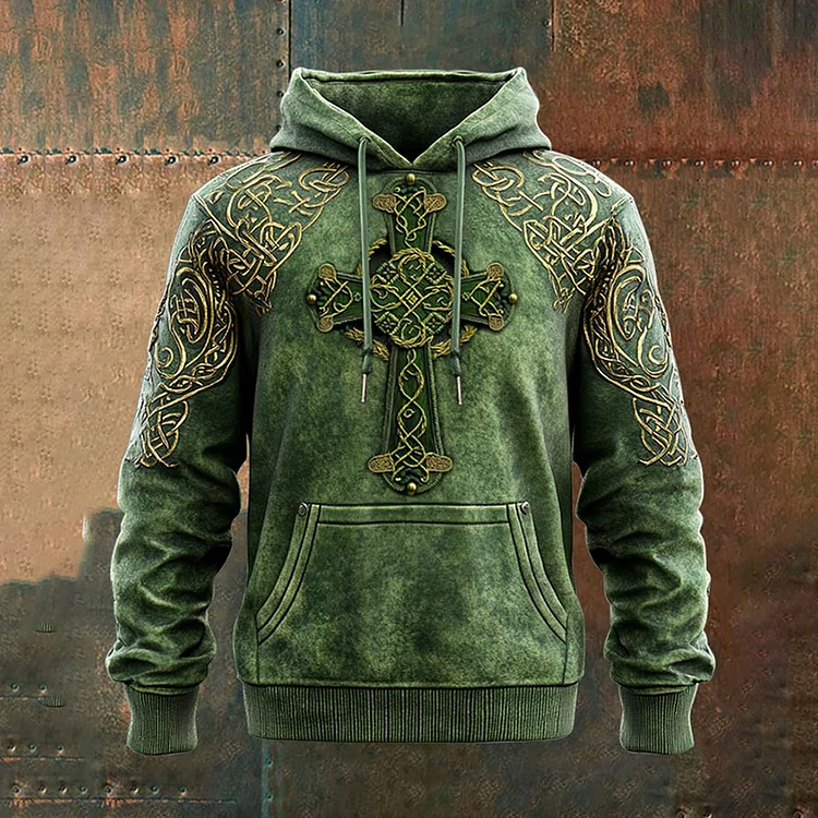 VChics Men's St. Patrick's Day Shamrock Cross Art Print Casual Hoodie