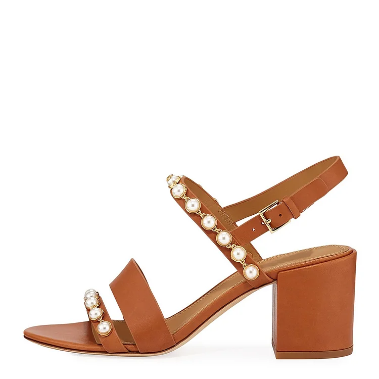 Tan Pearl Block Heels Slingback Sandals |FSJ Shoes