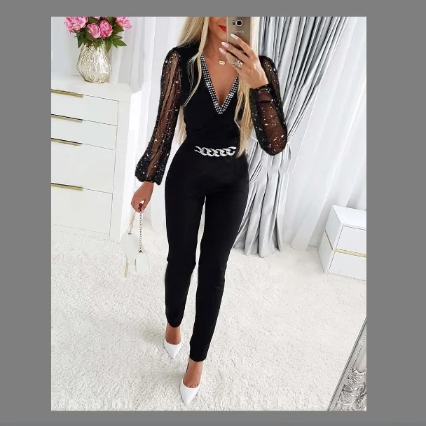 Women's black V-neck hot drill mesh romper_ viptrois