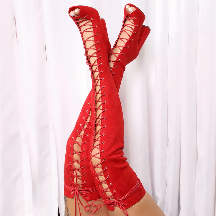 Red Peep Toe Chunky Heel Thigh High Lace Up Boots for Women |FSJ Shoes