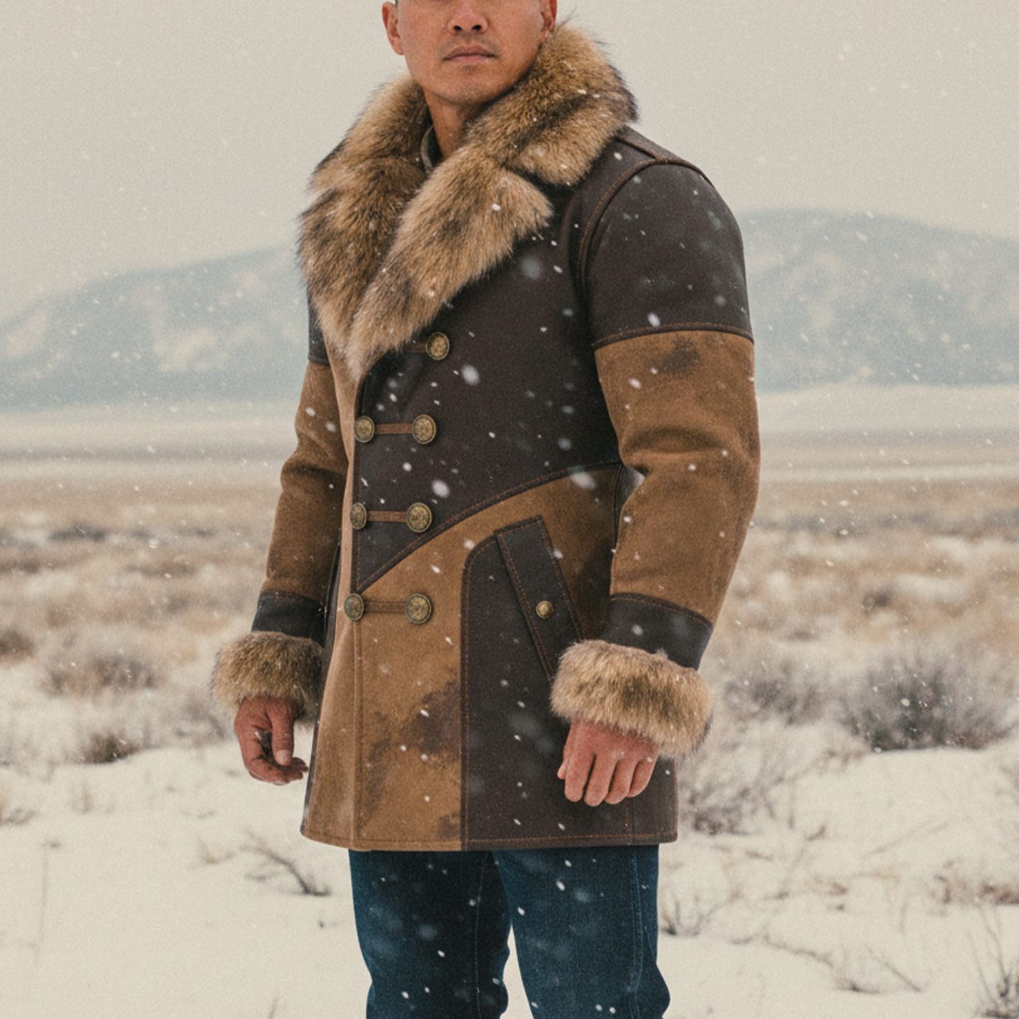 Men's Vintage Brown Leather Coat With Fur Collar And Cuffs