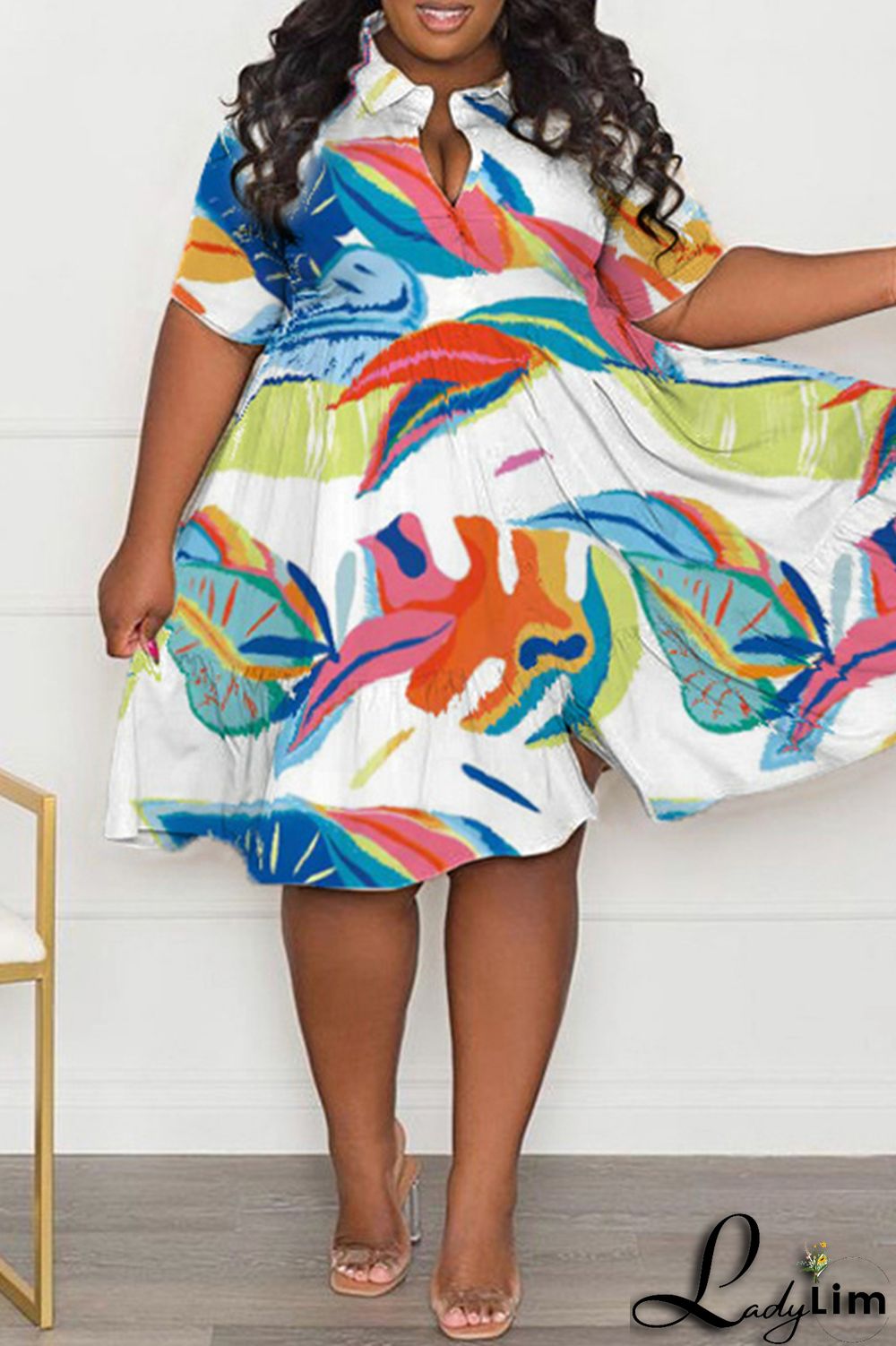 Purple Casual Print Patchwork Fold Turndown Collar A Line Plus Size Dresses