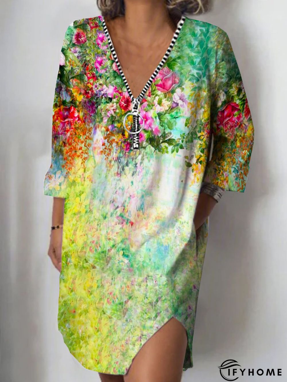 V Neck Boho 3/4 Sleeve Shift Weaving Dress | IFYHOME