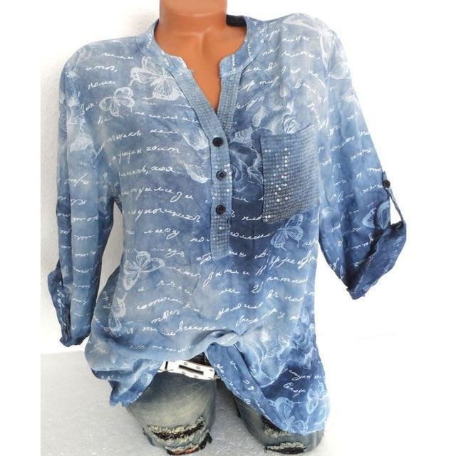 Large size Women V-neck Long-sleeved Blouse Butterfly Print Loose Casual Tops - VSMEE