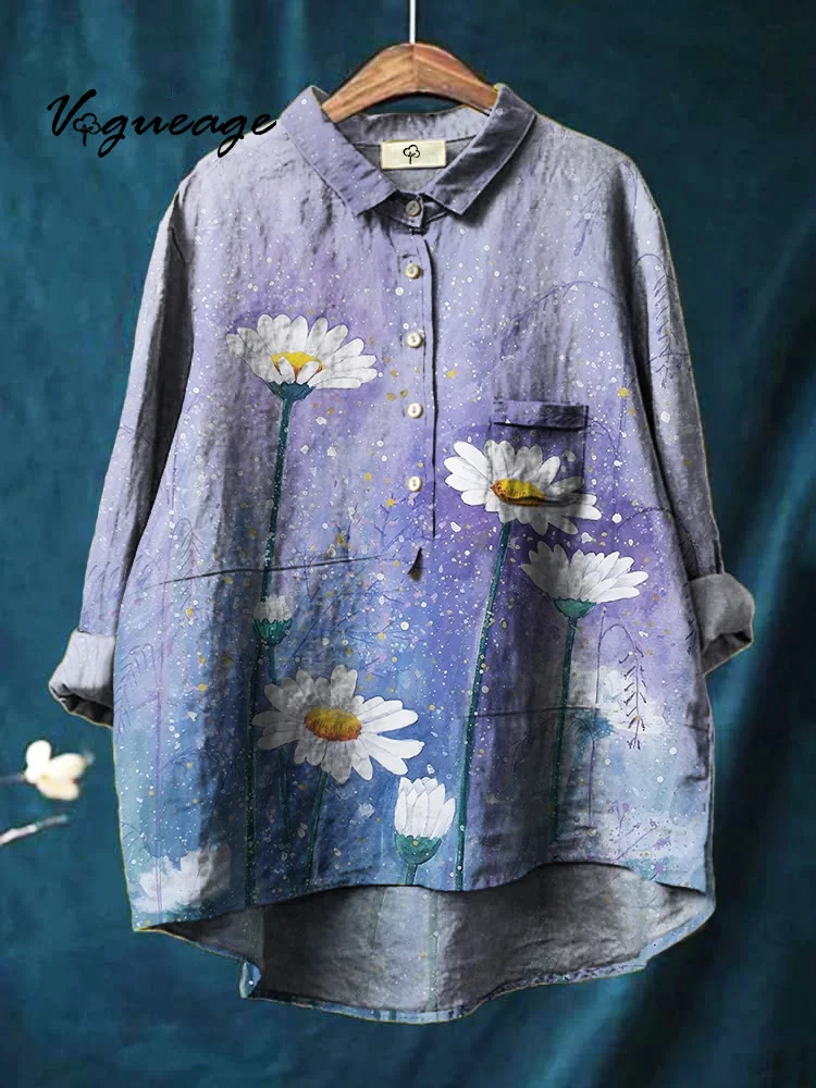 Simple Pure And Elegant Flowers Printed Cotton And Linen Shirt