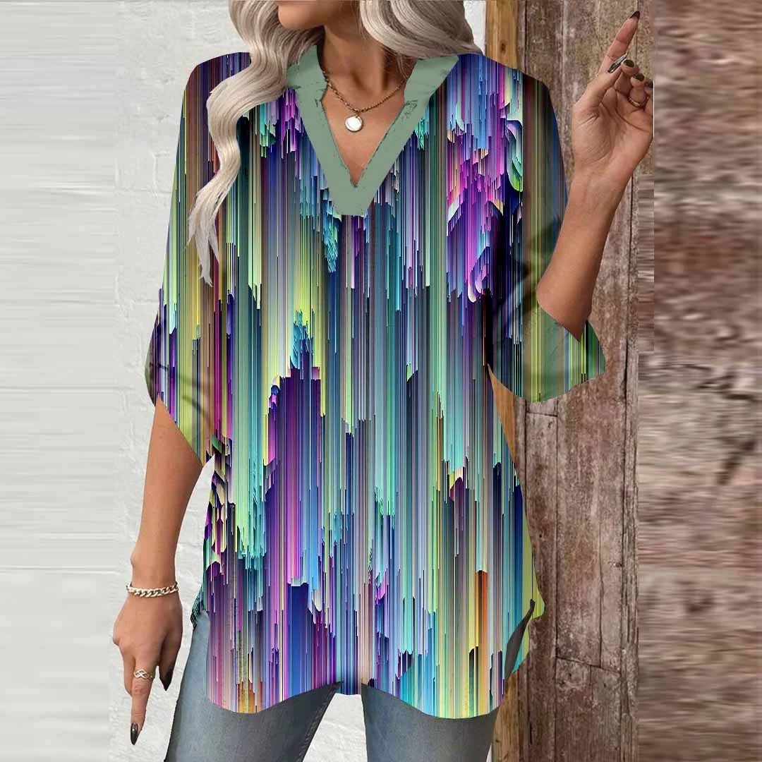 Women Abstract, Shiny, Purple DZGA0740 3/4 Sleeve V-neck Printed Graphic Button Tops