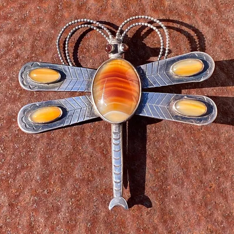 HUGE Dragonfly Pin in Sterling Silver with Golden Banded Sardonyx