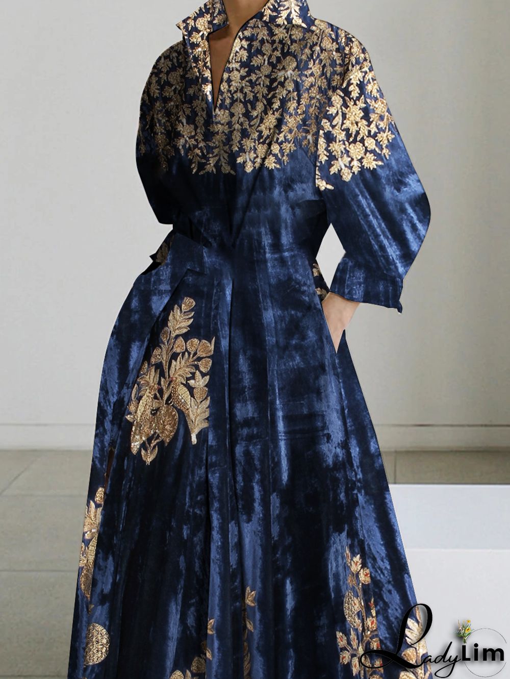 UR Daily Long Sleeve Stand Collar Floral Velvet Midi Dress