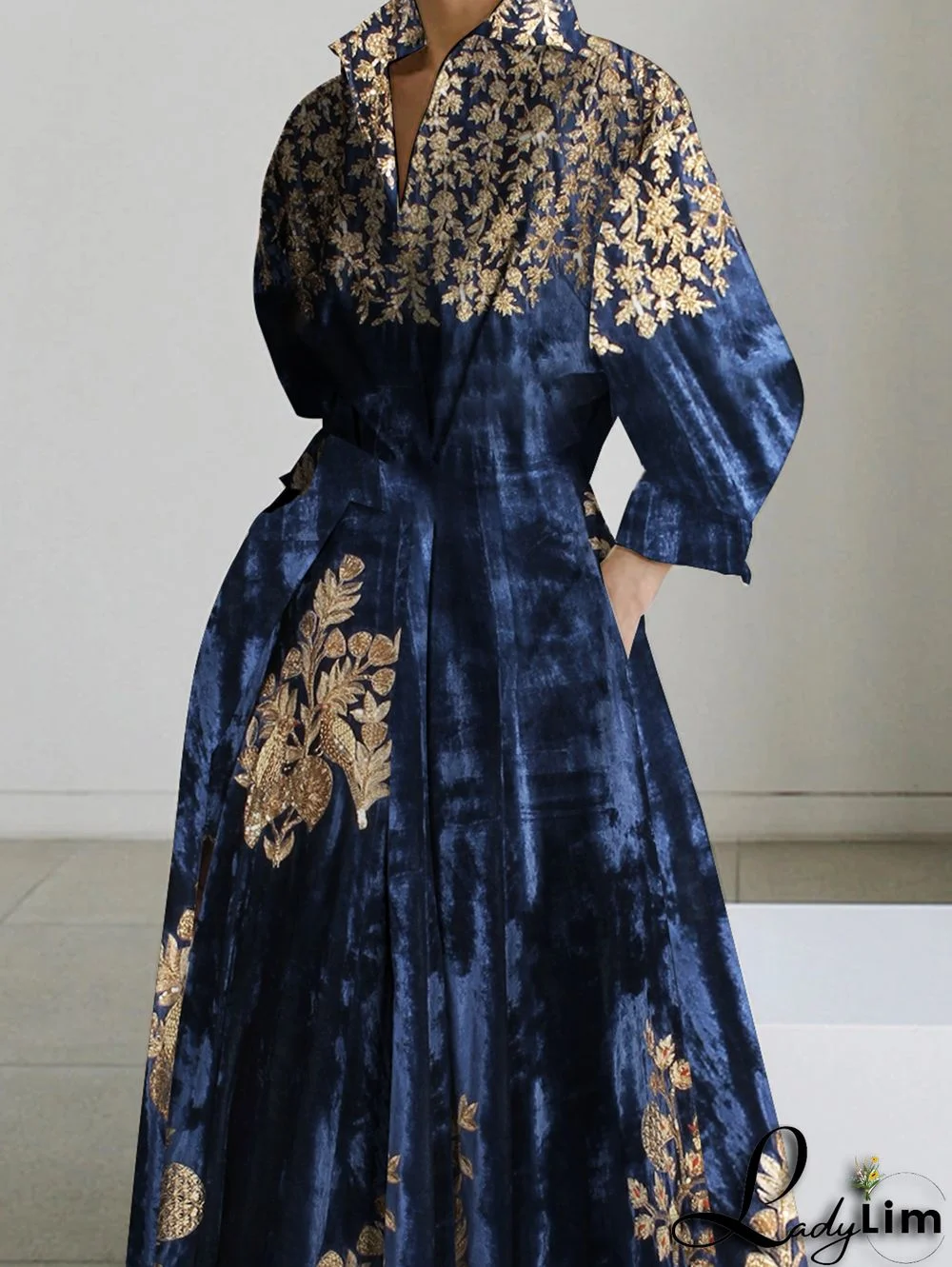 UR Daily Long Sleeve Stand Collar Floral Velvet Midi Dress