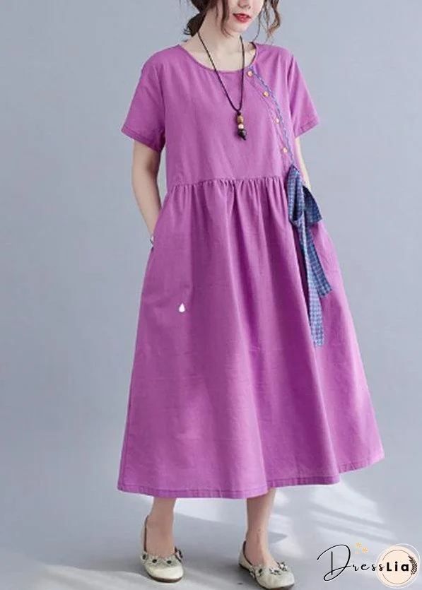 Natural Purple O-Neck Linen Summer Cotton Dress