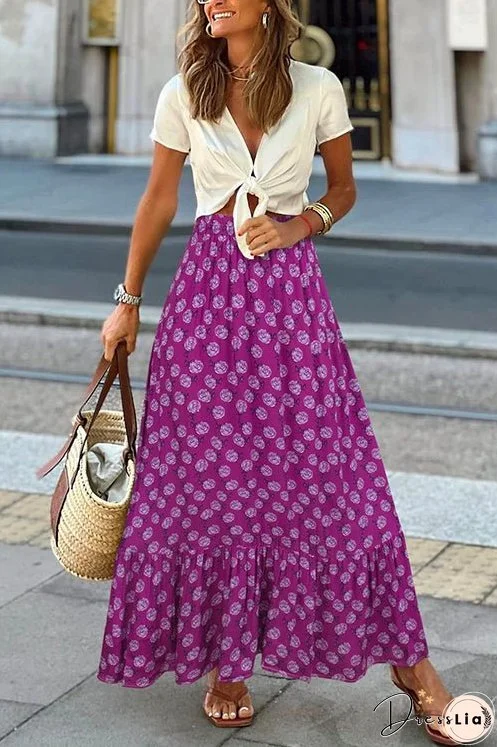 Meridress High Waist Printed Maxi Ruffle Swing Skirt