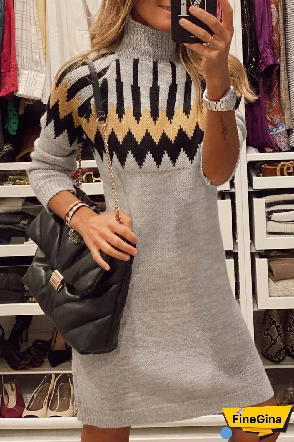 British Style Geometric Patchwork Turtleneck A Line Dresses