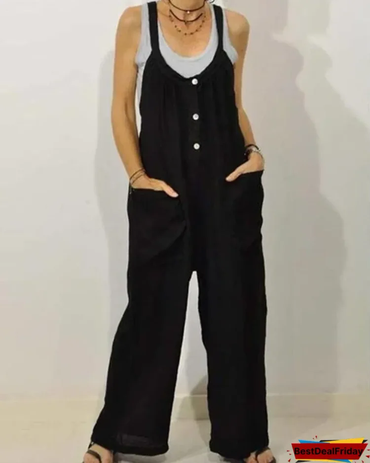 solid color loose straps button jumpsuit with pocket p321163