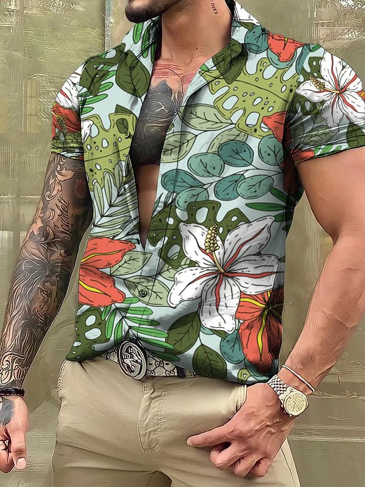 Casual Loose Hawaiian Print Men's Shirt at Hiphopee