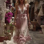 Women's Vintage Rose Embroidered Linen Maxi Dress - Image 2