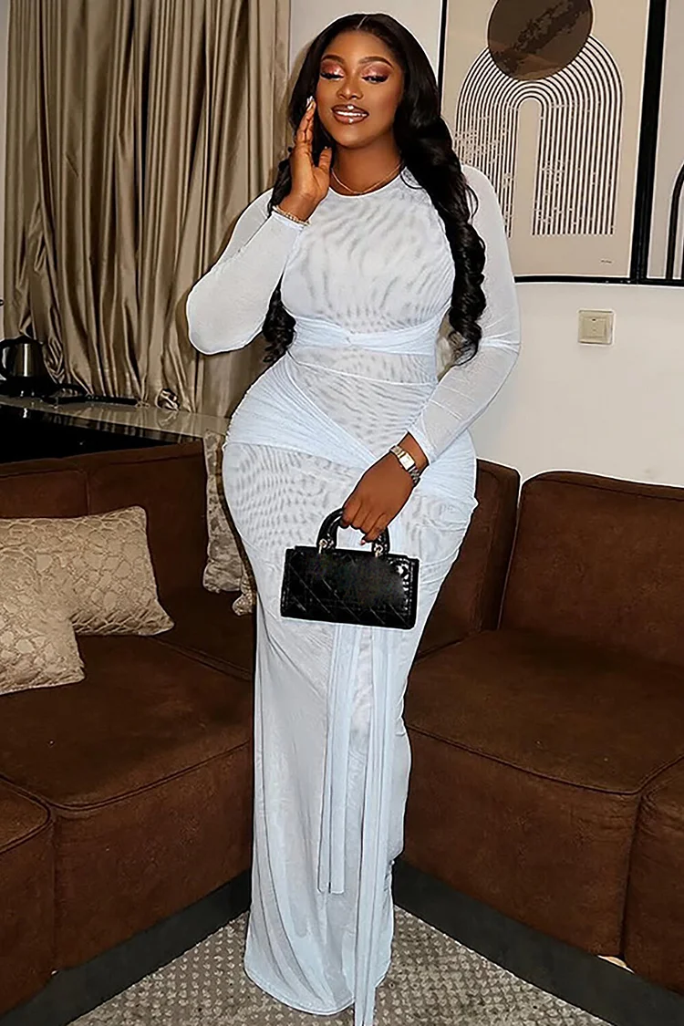 Round Neck Long Sleeve Ruched Tie Up Sash Bodycon Maxi Dresses-White