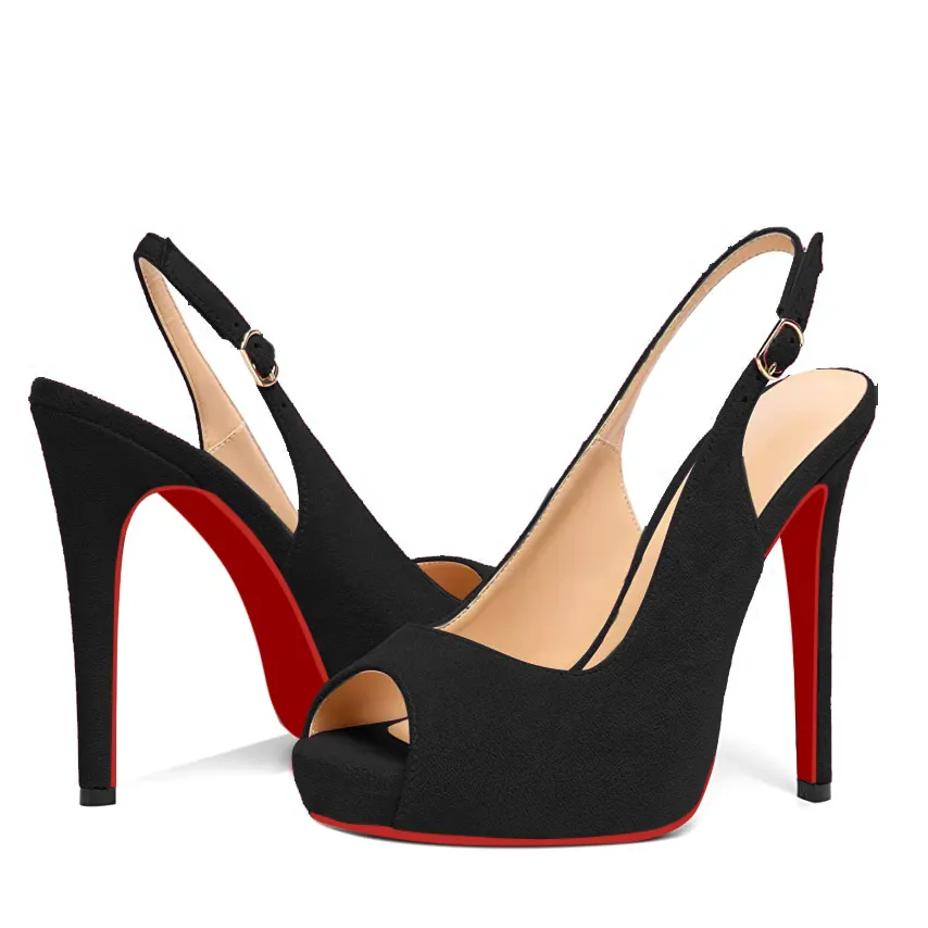 120mm Strap Slingback Sandals Peep Toe Platform Stilettos Red Bottom Suede Heels-vocosishoes