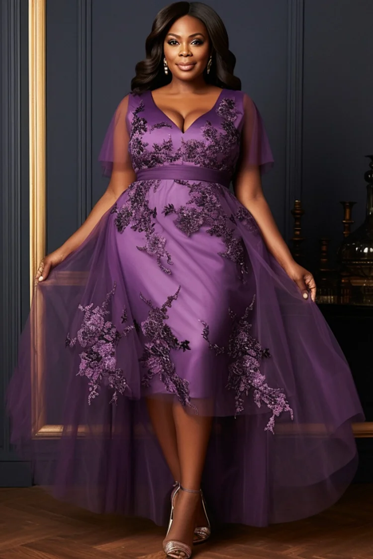Xpluswear Design Plus Size Mother Of The Bride Purple V Neck Short Sleeve Embroidery Tulle Maxi Dresses [Pre-Order] 2024 - Xpluswear