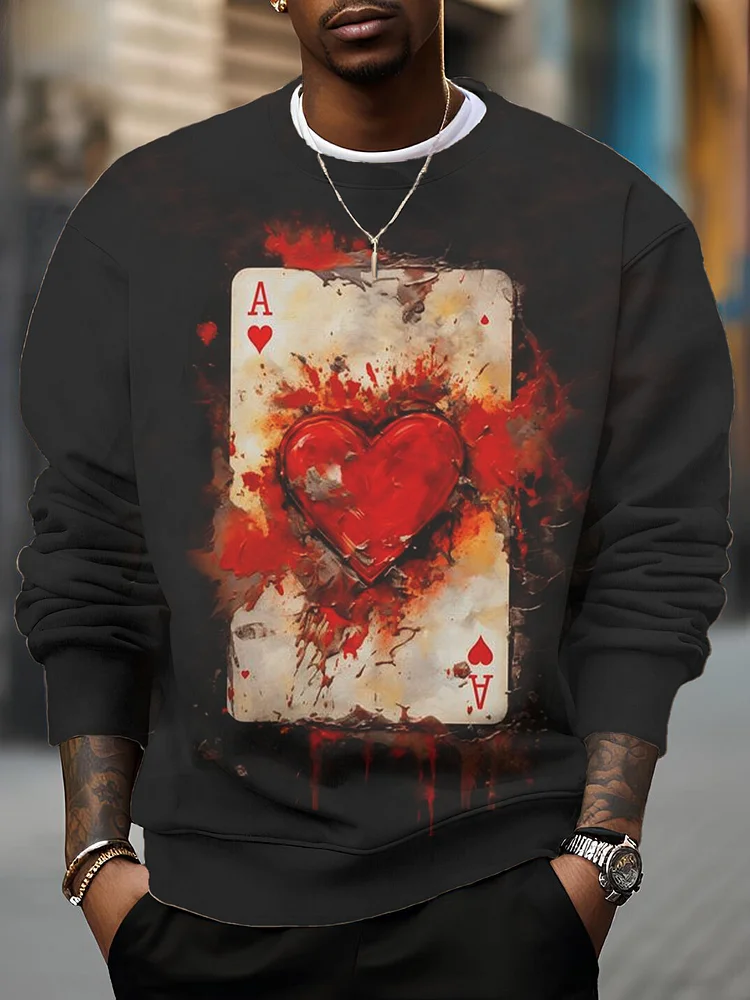 Men's Poker Cards Ace Hearts Art Print Casual Sweatshirt