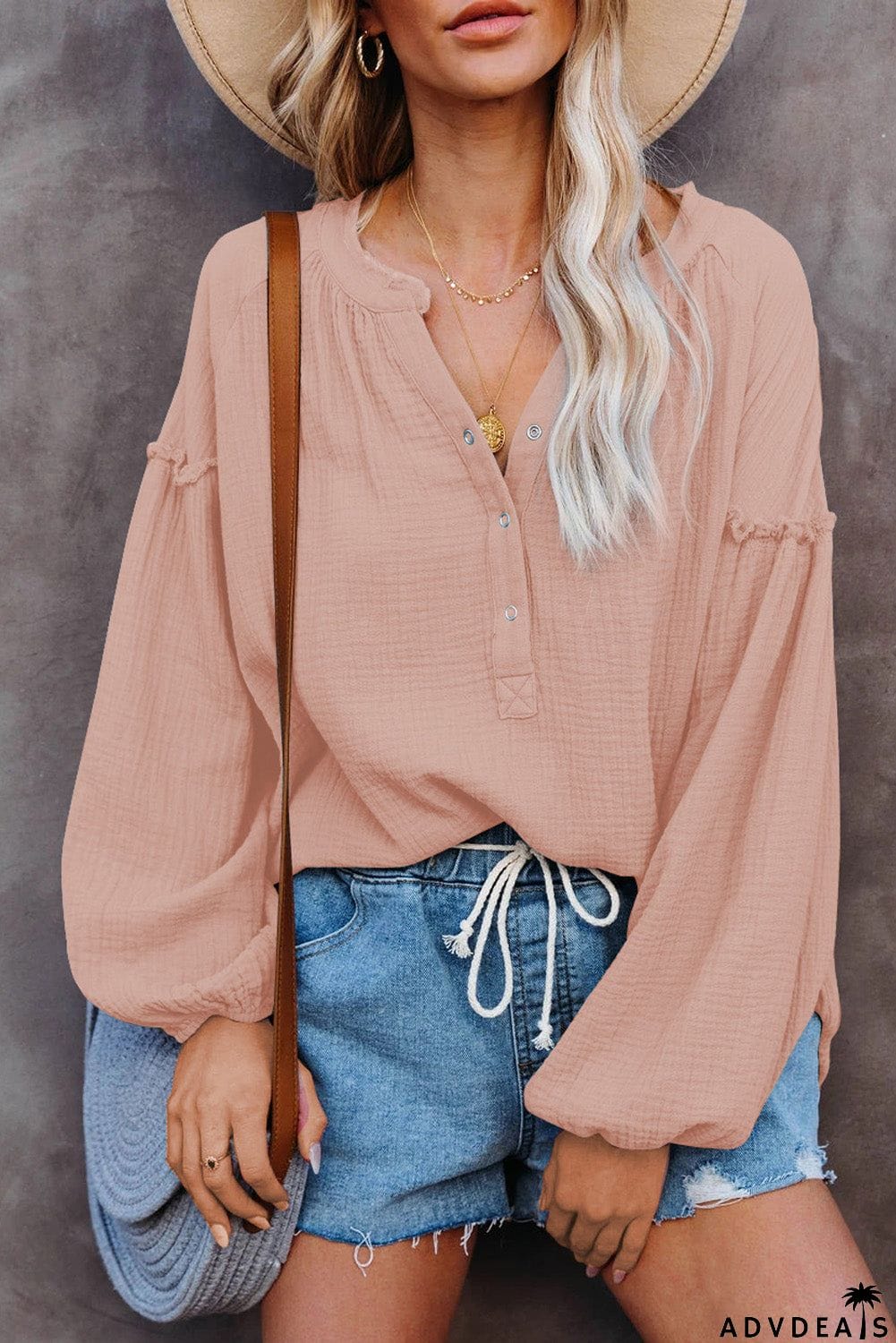 Casual Balloon Sleeve Crinkled Top