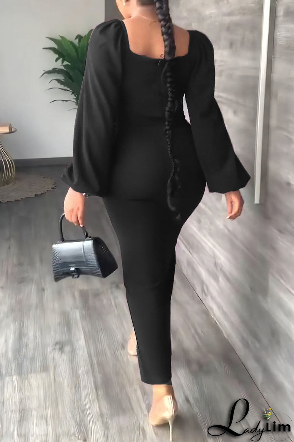 Sky Blue Fashion Solid High Opening Square Collar Pencil Skirt Dresses