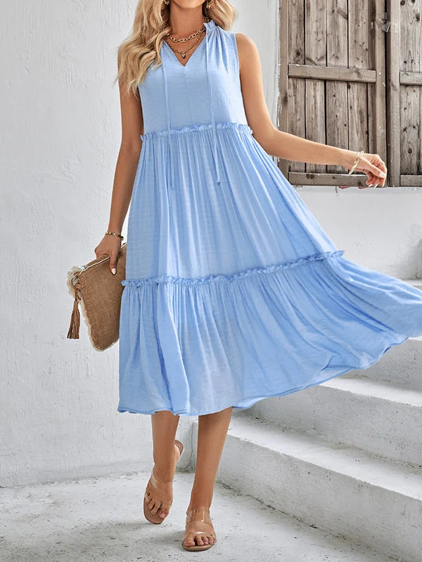 Pleated Solid Color Sleeveless V-neck Midi Dresses