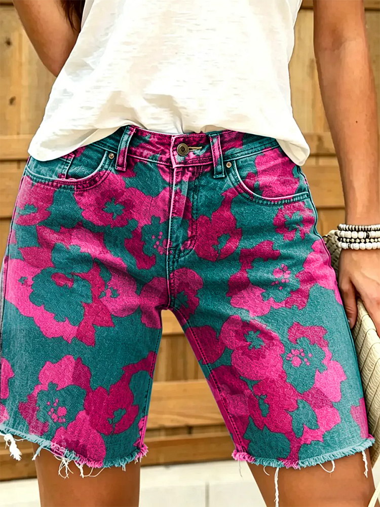 Women's Hippie-Style Floral Art Print Fashion Denim Shorts