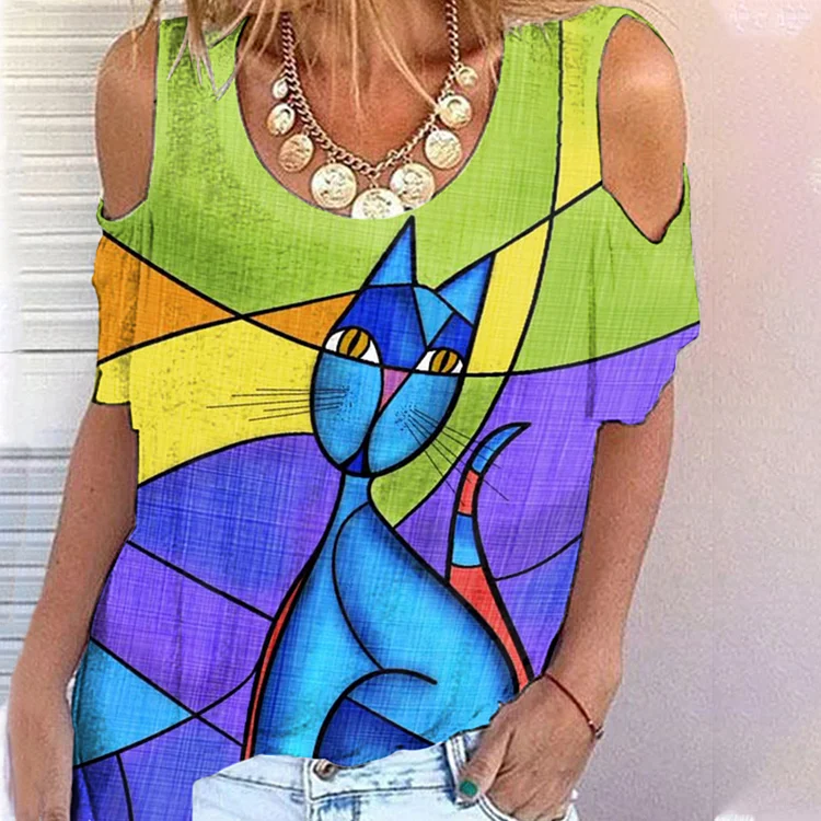 Abstract Cat Print Off-The-Shoulder T-Shirt