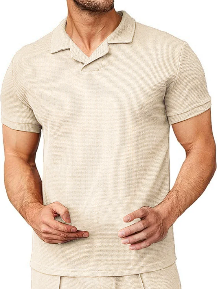 Men's waffle V-neck polo short sleeve t-shirt