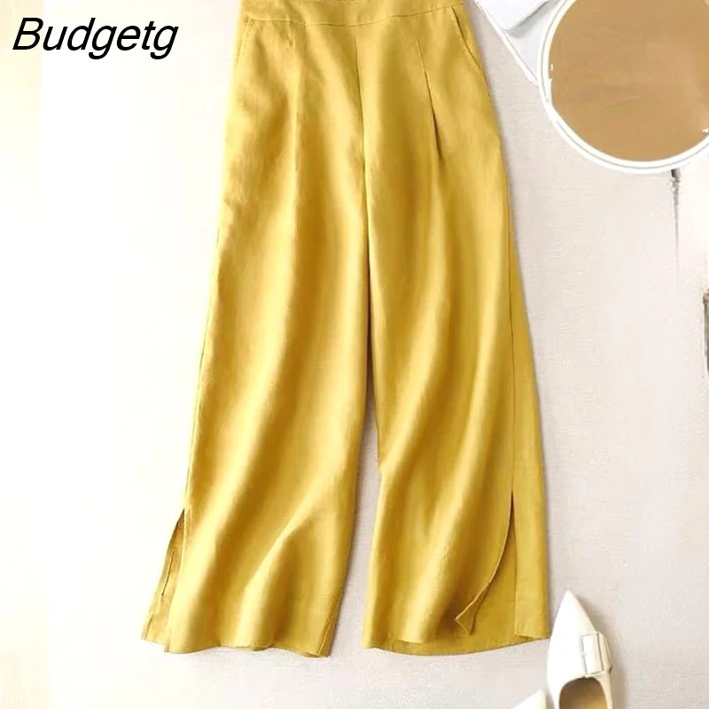 Budgetg and Summer Pants for Women Cotton Linen Casual Solid Wide Cropped Pants Office Wear Fashion Ankle-Length Pants Women