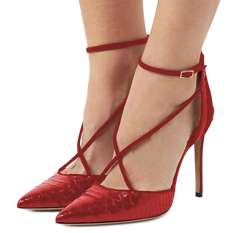 Burgundy Heels Pointy Toe Stiletto Heels Python Pumps Office Shoes |FSJ Shoes