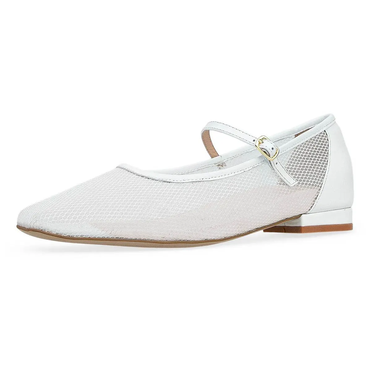 White Mesh Flats Square Toe Mary Jane Shoes with Buckle Strap