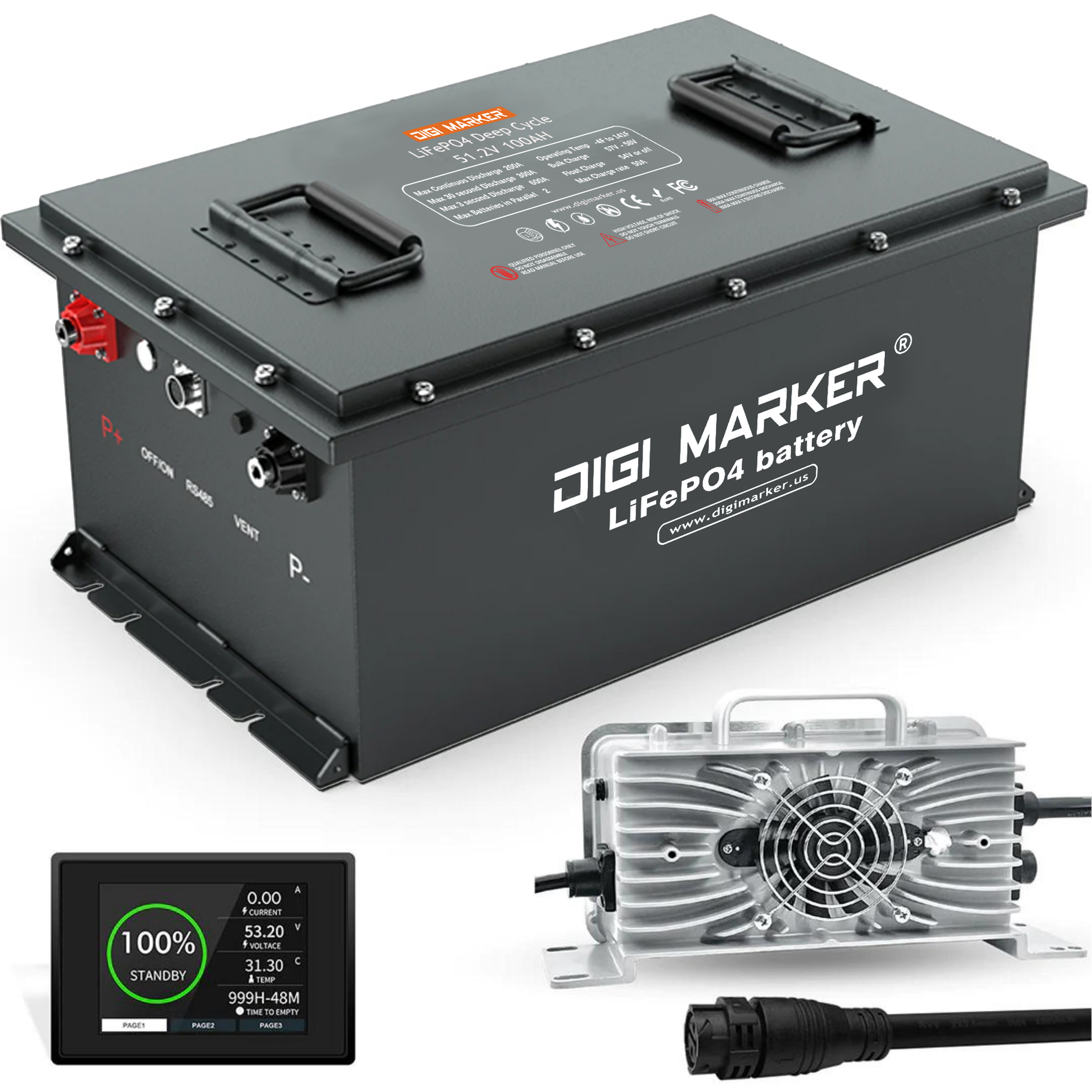 Digi Marker 48V 105AH LiFePO4 Battery For Golf Cart, RV, ATV, 200A BMS, 4000+ Cycles Lithium Battery, Max 10.24kW Power